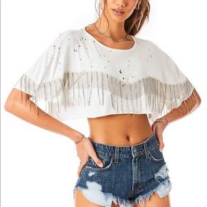 RHINESTONE FRINGE CROP T-SHIRT